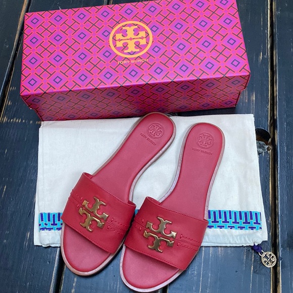 Tory Burch Everly Slides in Red with Gold Logo - Picture 4 of 10